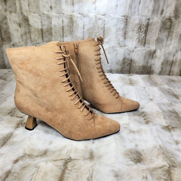 ☆ Adorable Nude Suede 2" Gold Chunky Heel Ankle Bootie - Picture 2 of 7